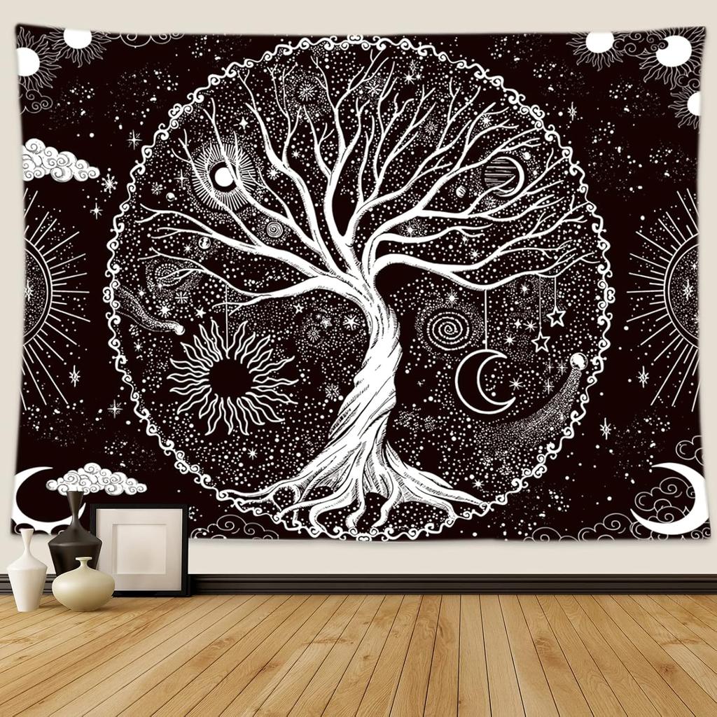 Wonrizon Tree of Life Tapestry,Black and White Galaxy Space Tapestries Aesthetic Psychedelic Wall Hanging Decor for Living Room Bedroom (51.2" X