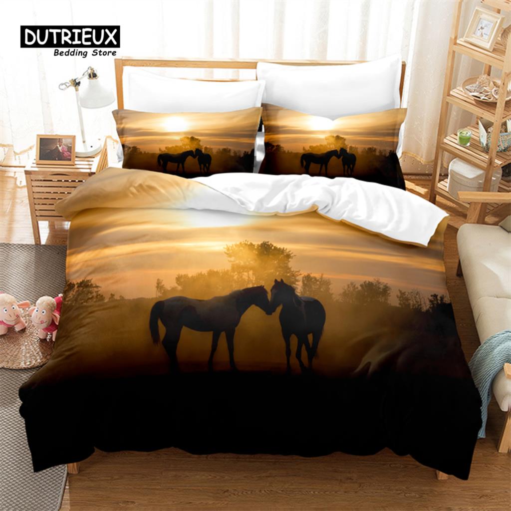 Galloping Horse Bedding Set, 3Pcs Duvet Cover Set, Soft Comfortable Breathable Duvet Cover, For Bedroom Guest Room Decor