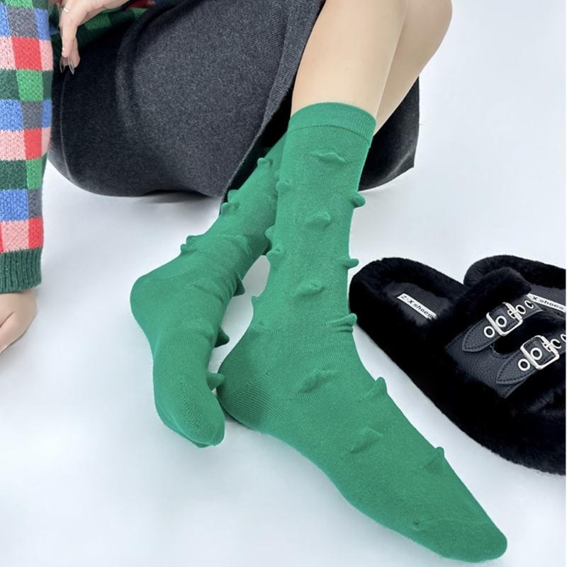Womens Harajuku Cotton Crew Socks 3D Raised Point Cute Hedgehog Thorns Solid Color Skateboard Middle Tube Calf Socks