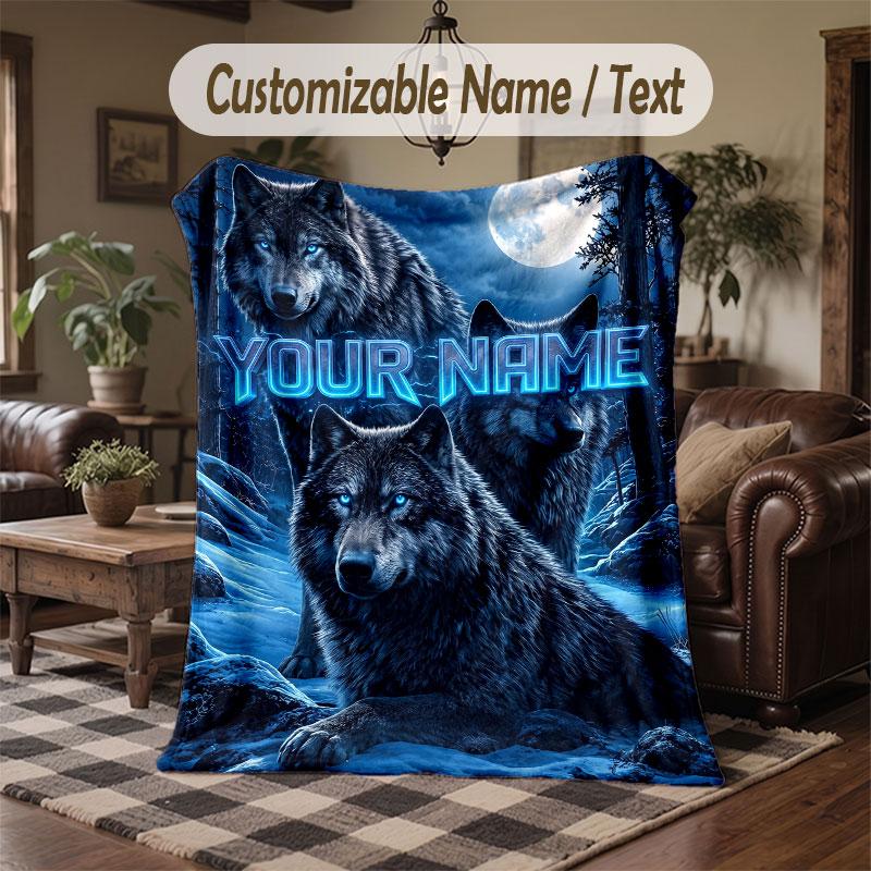 Wolf Fox Theme Throw Blanket Custom Name Text Personalized Blanket Soft Cozy Blanket for Home Sofa Bed