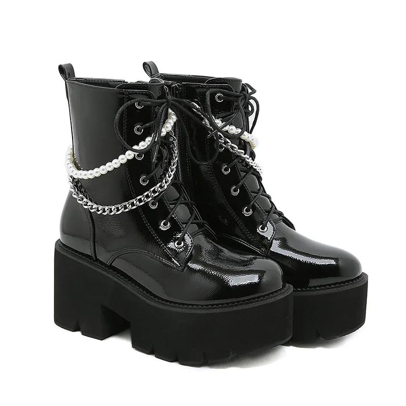 Ankle Boots Women's Punk Style Platform Shoes Lace-up Winter Gothic Booties Chelsea Patent Leather Round Head Chain Zipper Sexy