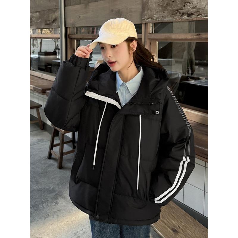 Women Winter Loose Striped Down Cotton Coat Small Size Thickened Padded Jacket Keep Warm Outfit