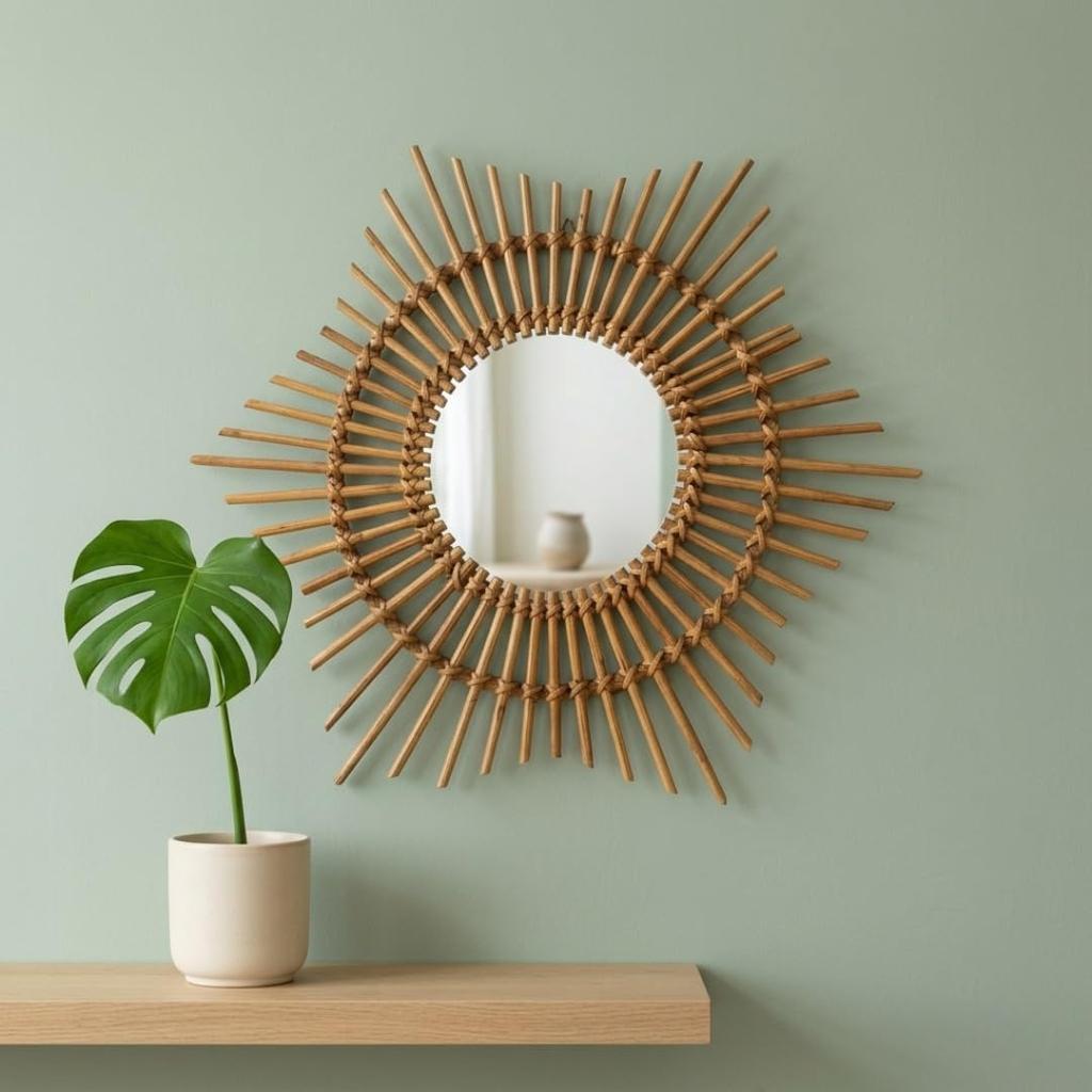 Eco Decx Handcrafted Rattan Sunburst Wall Mirror, Boho Round Cane Hanging Mirror for Bedroom, Bathroom & Living Room Decor, 65  x  2  x  65 cm