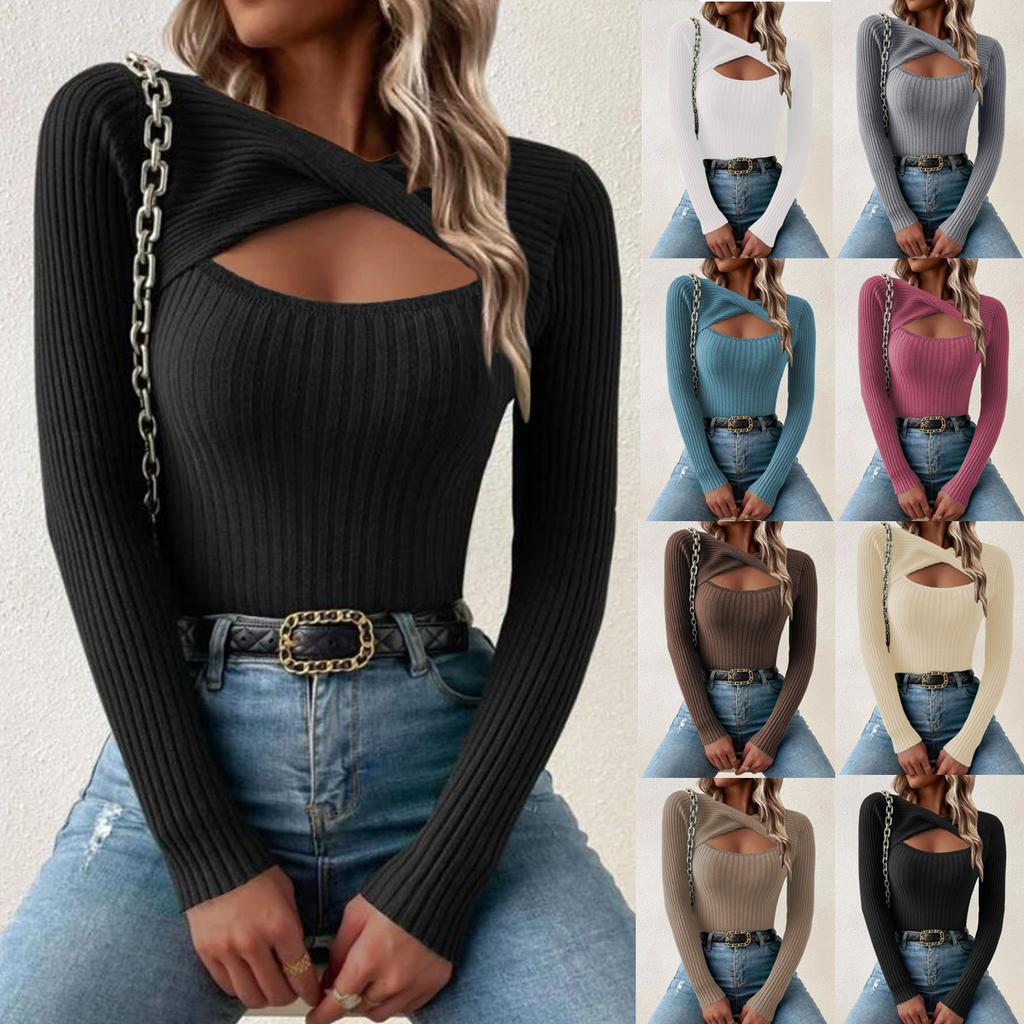 Women Elegant All-Season Ribbed Knit Sweater – Comfortable Crew Neck with Chic Cut-Out Detail, High-Stretch Polyester
