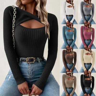Women Elegant All-Season Ribbed Knit Sweater – Comfortable Crew Neck with Chic Cut-Out Detail, High-Stretch Polyester