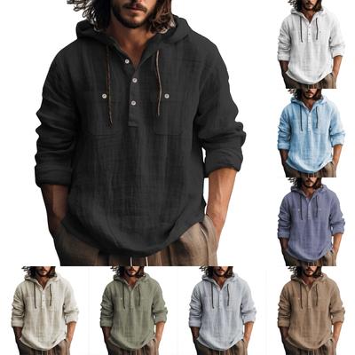 Men's Summer Solid Color Pockets Cotton Linen Long Sleeve Button Hooded