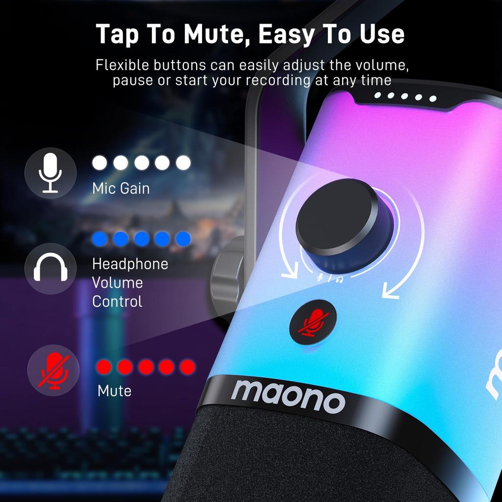 MAONO PD100X RGB Gaming with Mute for PC YouTube Voice Live and Game Commentary XLR/USB Microphone, Noise-Canceling, Dynamic, Unidirectional, Button,