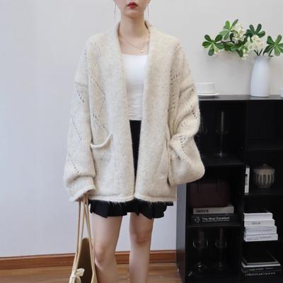 Purple Knitted Cardigan Autumn and Winter New Design Lazy Style Loose High-end Sweater Jacket Women
