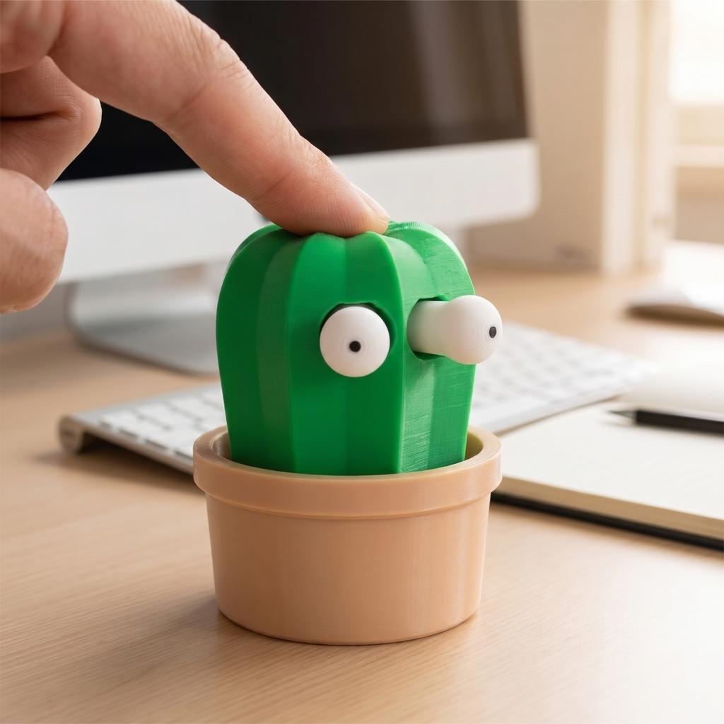 3D Printed Bulging Eye Cactus Statue Squeeze Toy Funny Desktop Ornament Novelty Stress Relief Figurine with Pot Base