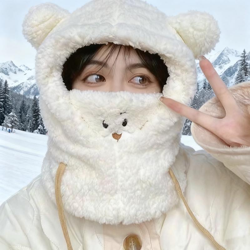 Adorable Animal Plush Hat Scarf One Piece Set for Women Korean Style Winter Fashion with Cozy Fleece Hooded Mask for Outdoors