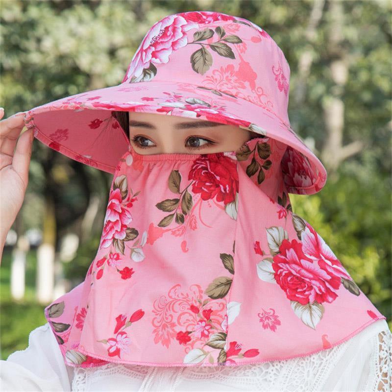 Women Sun Hat Outdoor Cycling Face Neck Protection Hat Dome Big Brim Breathable Hat Floral Tea