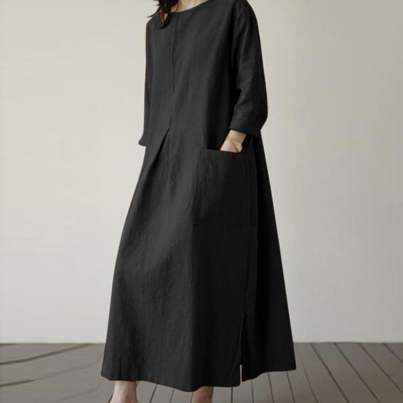 Maxi Abito da Donna in Cotone e Lino Manica Lunga Scollo Rotondo Vestibilità Ampia Tasche Grandi Spacco Laterale Casual Elegante Primavera Estate Vacanza Uso Quotidiano Abito da Sole
