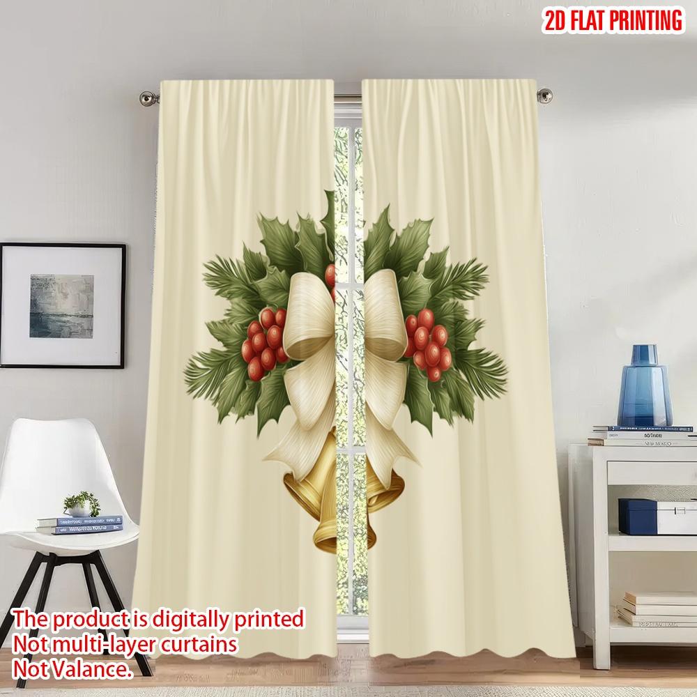 

Flat Printing Fashionable Christmas Curtains Holly Bow Bells Digital Printed Polyester Drapes Festive Wall Set Of 2 Made W100*H70(CM)-Grommet top&1PCS