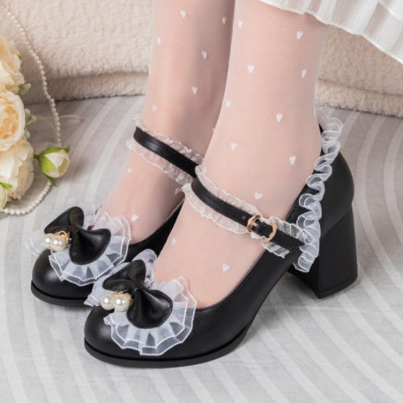 Women's Block Heels Mary Janes Lolitas Shoes 2025 Sweet Pink Black White Heeled Party Wedding Dance Shoes Female Large Size 45