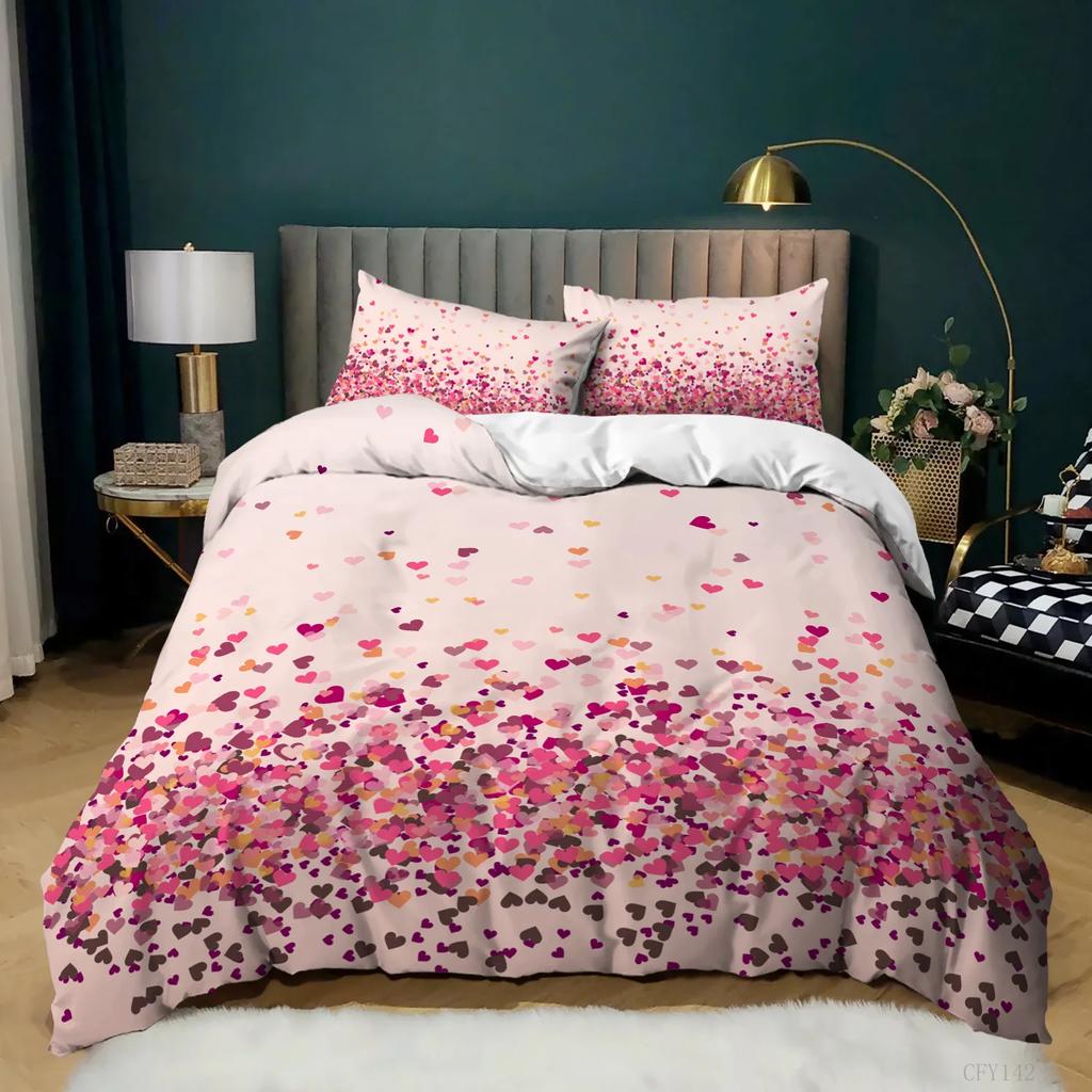 Room Decor Home Bedding Sets 2/3pcs Red Heart Printing Queen Size Pillowcase Duvet Cover Set Polyester Bedclothes