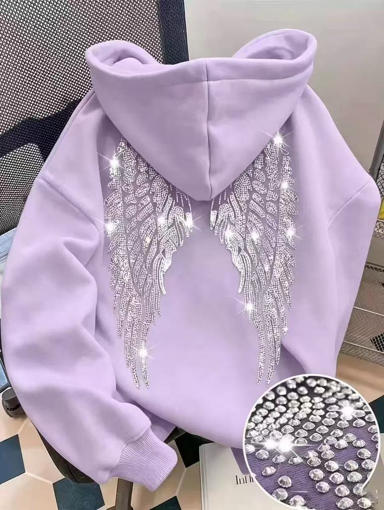 Hanorac cu glugă și mânecă lungă pentru femei, croială regulată, hoodie casual, pulover cu imprimeu aripi cu strasuri, poliester, îmbrăcăminte exterioară fashion