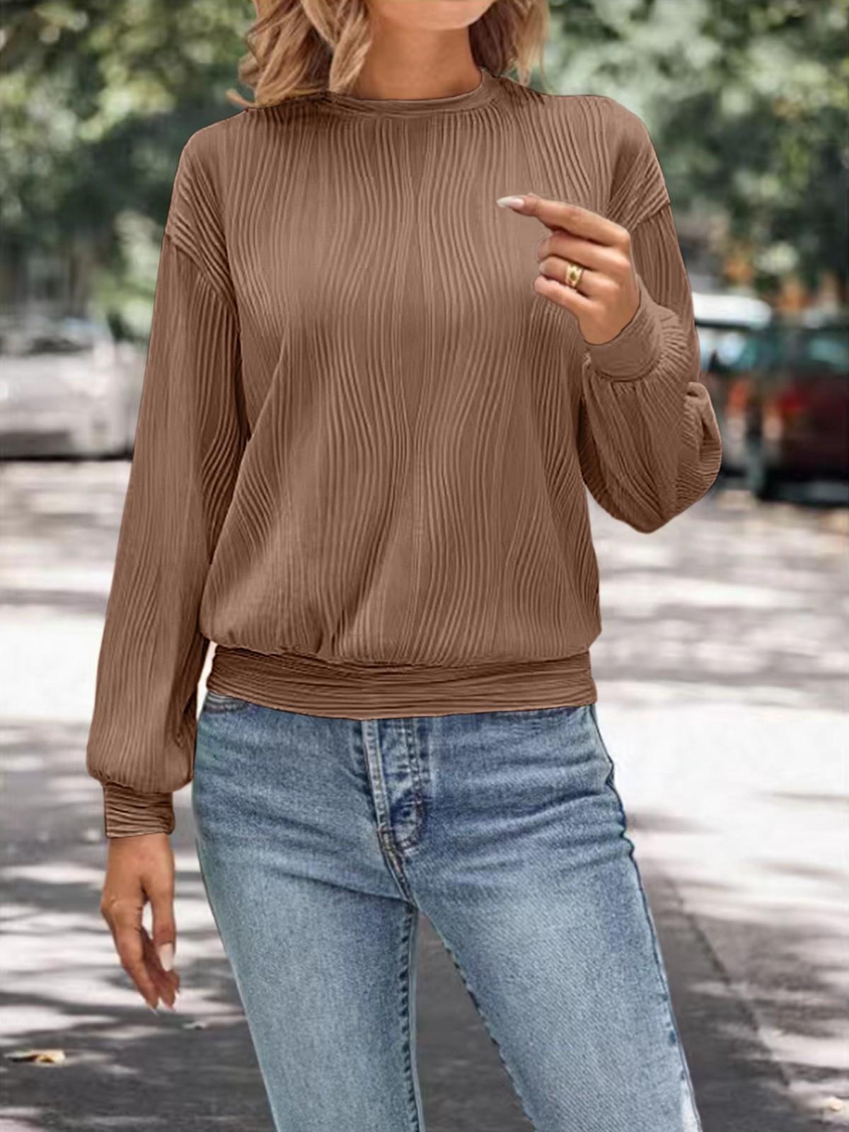 

Женская модная футболка с заниженной линией плеч, с длинным рукавом, с текстурой, с круглым вырезом, повседневный топ L коричневый