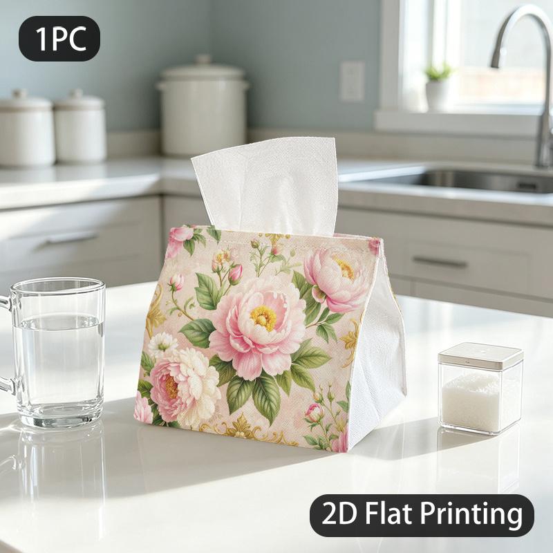 1pc Tissue Box, Rococo Pink Peonies Golden Motifs Romantic Grace Pattern, 2D Flat Printing, Crafted with Strong Polyester, Folds Flat, Tissue Holder,