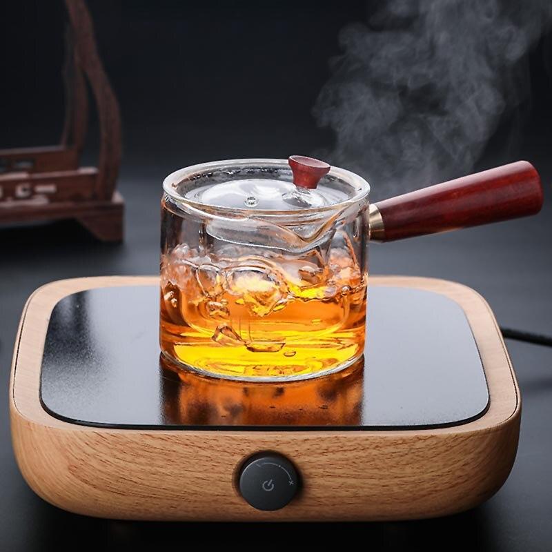 Teiera in vetro da 500 ml con infusore, filtro, bollitore, manico in legno, set da ufficio