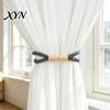 Wall Damage Free Curtain Holder Magnetic Tieback, Cotton Linen Rope Holdback with Wood Buckle for Tool Drapes, Decorative Tie Backs Bedroom,