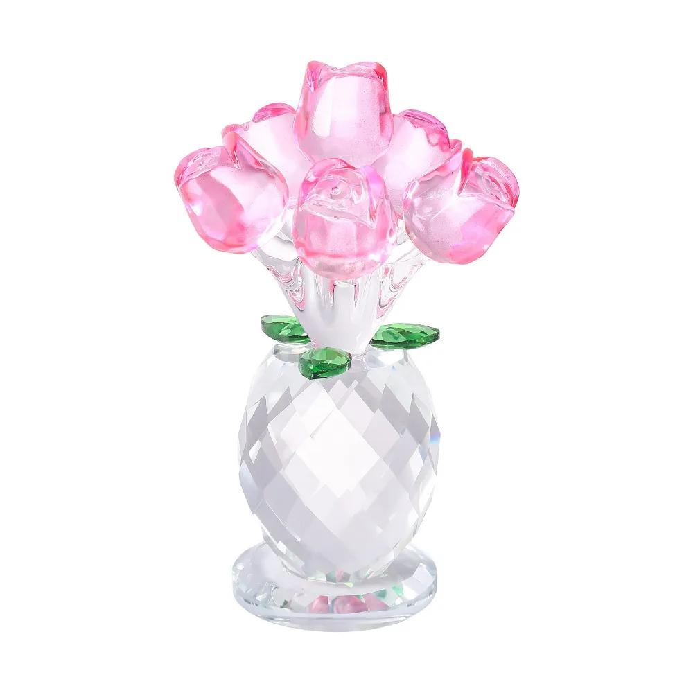 Handcraft Crystal Flower Statue Ornament Clear Base Artificial Flower Figurine Rose Tulip High Transparence