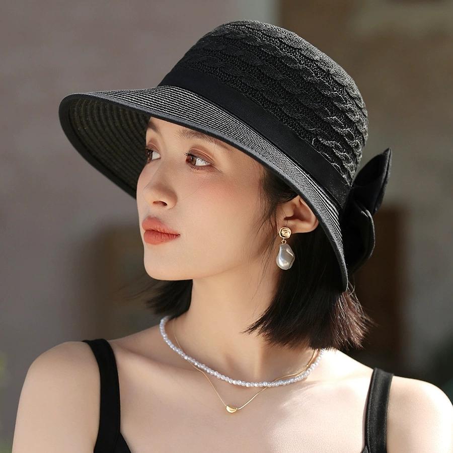 French Straw Bonnet Cap for Women Sun Visors Ribbon Bow Summer Bucket Hat Fedoras for Beach