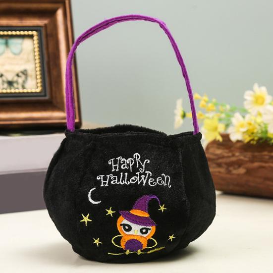 Xiaobudian Halloween Trick or Treat Bucket, 9.8x5.9 Inch Pumpkin Witch Black Cat Plush Tote Bag, Soft Candy Basket with Handle for Party Favors