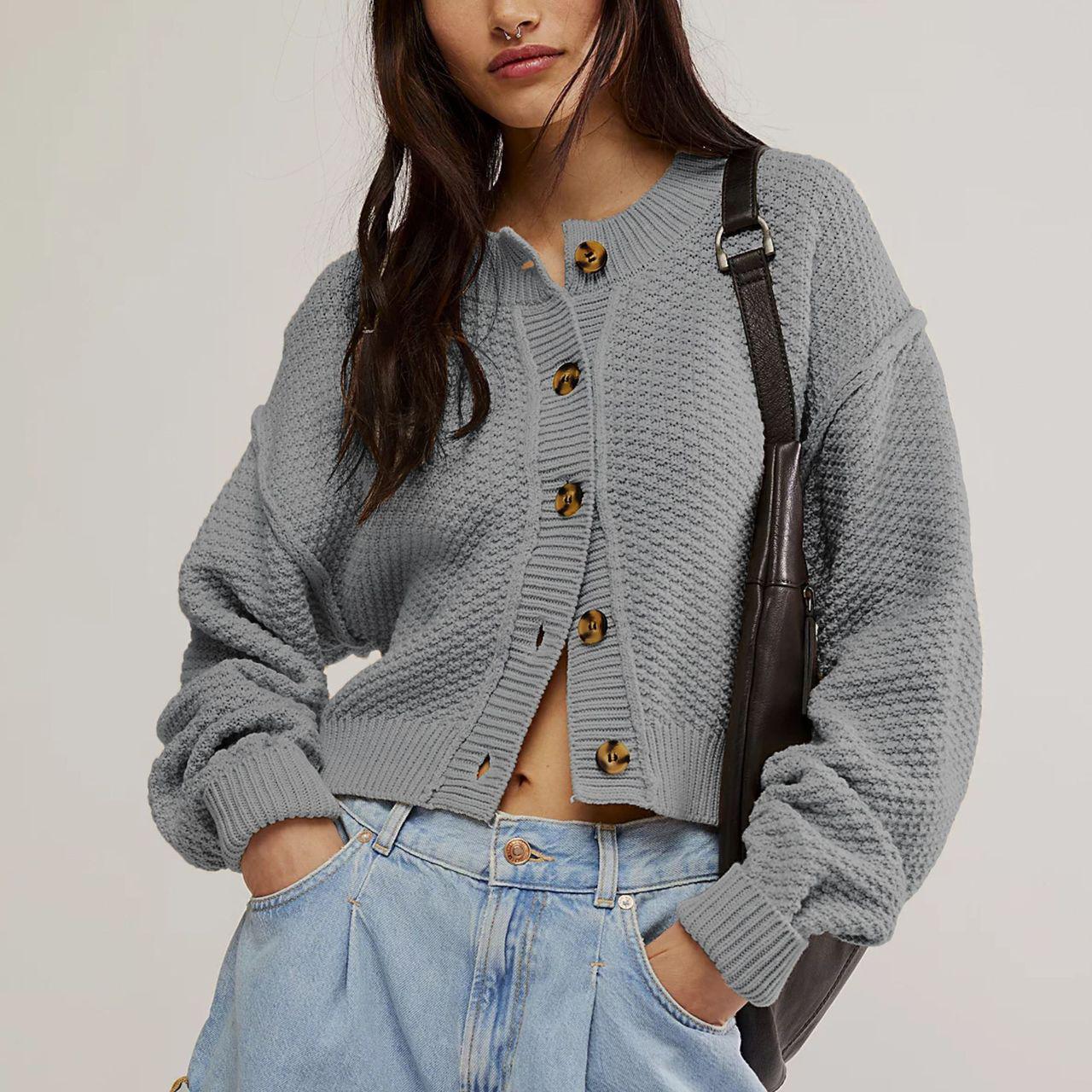 

Осенне-зимняя женская мода свободный кардиган вязаный свитер один ряд пуговиц куртка XL серый