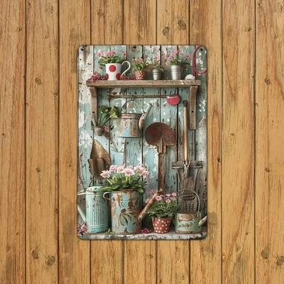 Vintage Metal Sign Rustic Garden Tool Decor 8x12 Inch Weathered Blue Wood Look Weather Resistant For Indoor Outdoor