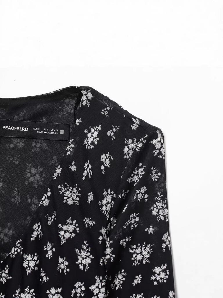 2025 Autumn/Winter European Women's Waist-Cinching Printed Long-Sleeve Dress
