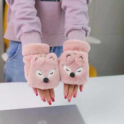 Soft Cartoon Anti-cold Mittens Windproof Half Finger Gloves Animal Plush Mittens  Autumn