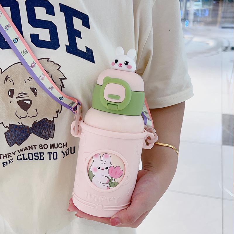 New children's thermal insulation water cup high value 316 stainless steel cartoon animal doll straw water cup gift