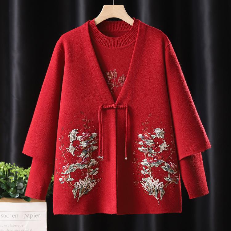Mom Spring and Autumn Knitted Jacket Short Sweater Cardigan Middle-aged and Elderly Women's Autumn and Winter Underwear Tops Fashionable Set