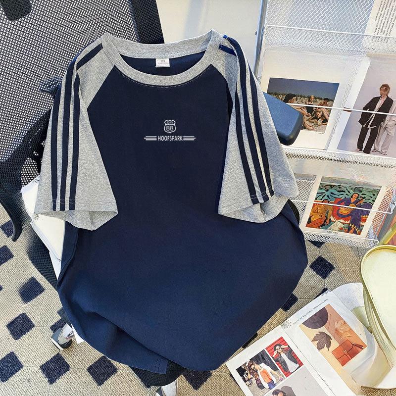 

Плюс Размер Женский Летний Новый Стиль Личность Свободный Три Бара Короткие Рукава Повседневный Топ M темно-синий