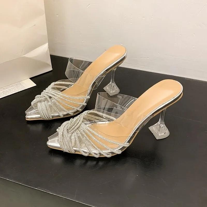 Fashion Pointed Toe Transparent High Heels Women's New Summer Fashion  Baotou Shallow Rhinestone Stiletto High Heel Sandals