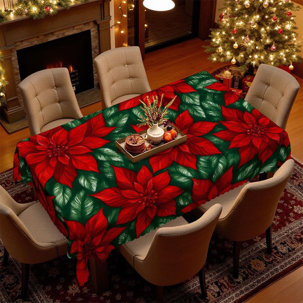 Christmas Table Cloth Red And Green Flower And Leaf Print, Waterproof And Oil-Proof Household Table Cover Cloth, Party Decorative Tablecloth
