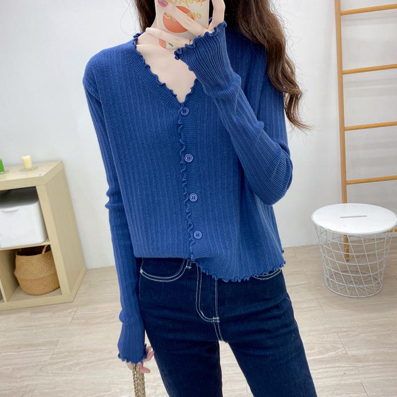 New Lazy Wind Long Sleeve Knitted Sweater Top Thin Cardigan Sweater Women's Fungus Edge Jacket