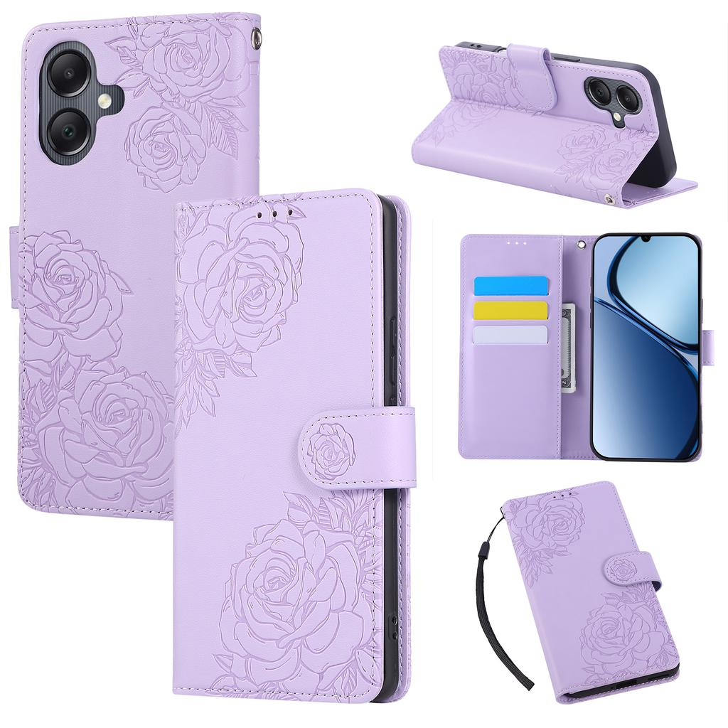 For Samsung Galaxy A07 4G/A06 4G/A06 5G Case Rose Flower PU Leather Wallet Phone Cover with 3 Card Slots/Wrist Strap