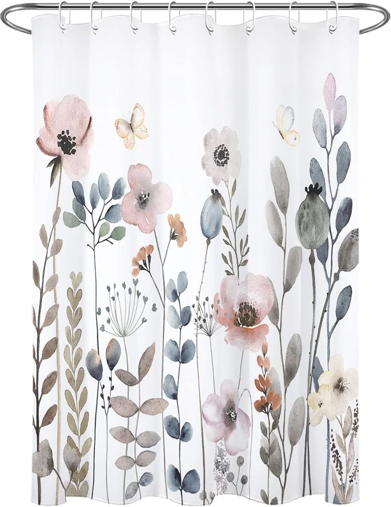 Rustic Floral Black Cat Shower Curtain with Hooks,Botanical Wildflower Butterfly Shower Curtain for Bathroom,Flower Plant Fabric