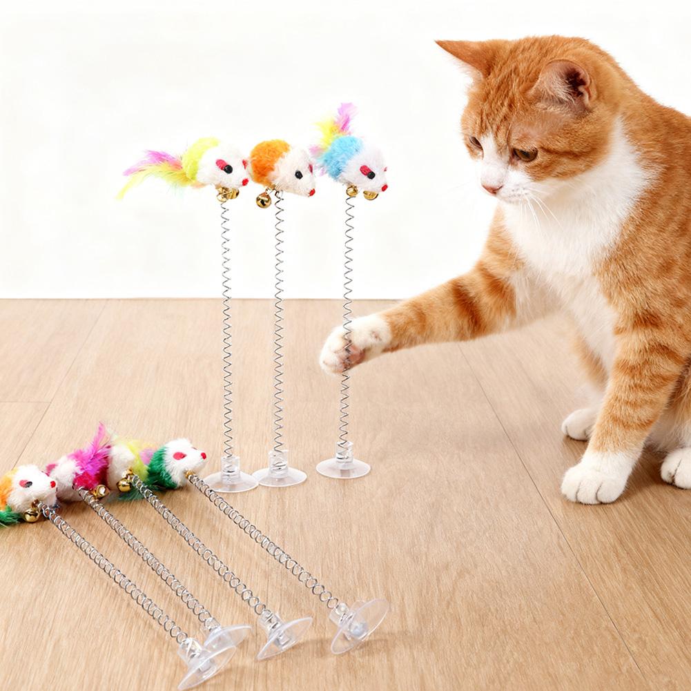 1/5PC Suction Cup Spring Mouse Cartoon Pet Cat Toy Stick Feather Rod Mouse Toy with Mini Bell Cat Catcher Teaser Interactive Cat