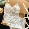 Women's Ice Silk Camisole and Shorts Set - Sexy Lace Pajamas for Summer, Spring, and Autumn