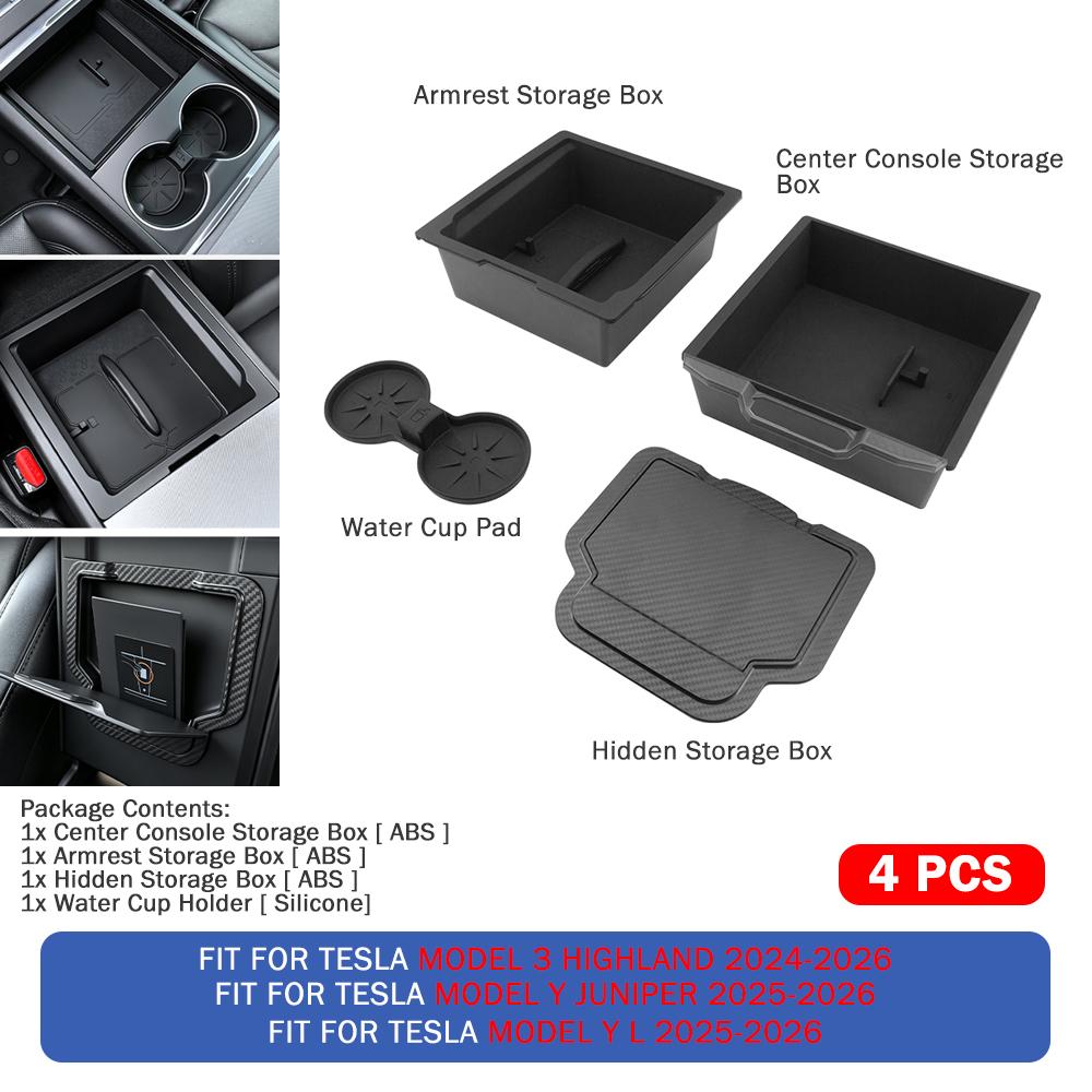 Heenvn For Tesla Model Y Juniper Model 3 Highland Model YL 2026 2025 ABS Storage Box Center Armrest Hidden Box Cup Mat Organizer