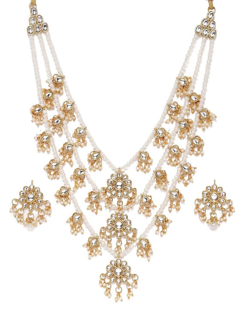 Ethnic Kundan & Pearl Multi Tier Bridal Necklace Set for Women