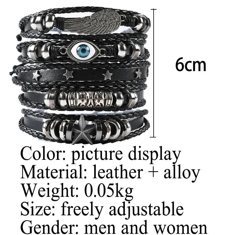 5pcs Evil Eye Wing Star Diy Braided Punk Style Bracelet Set Featuring Pu Leather And Beads