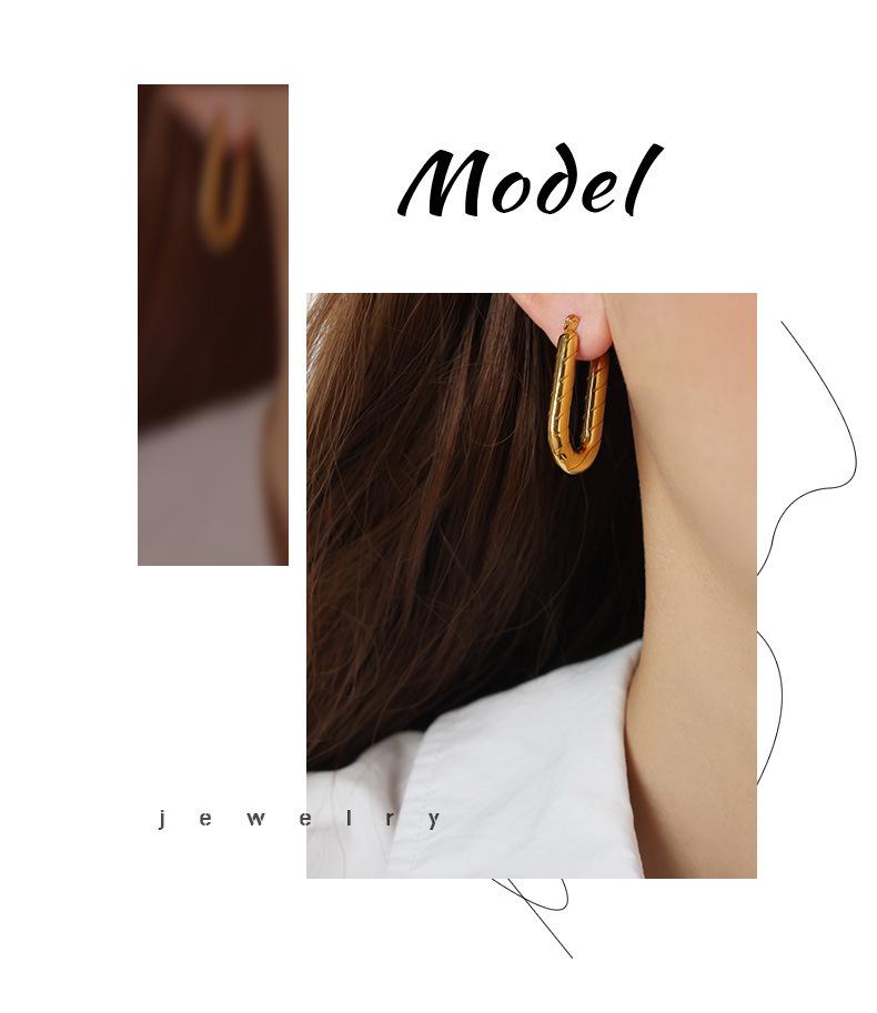 European & American U-Shaped Long Plaid Earrings, Gold-Plated Titanium Steel, Colorfast Jewelry for Women