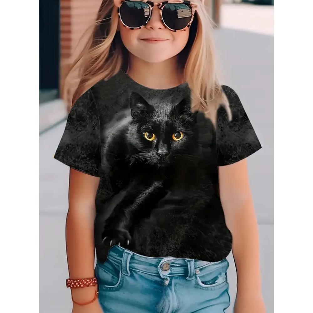 Cool Cat Girl Clothes Fashion Animal Print Summer Short Sleeve Tee Casual Loose Kids Top Outdoor Comfortable Children's Clothing