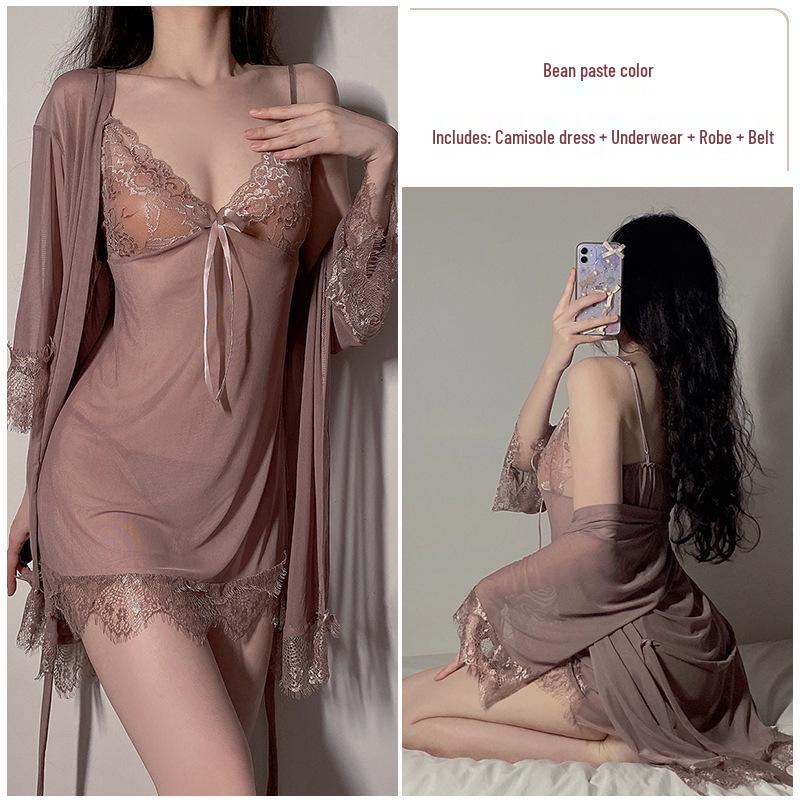 Strappy Lace Nightgown & Tie-Up Robe Set: Tempting Lingerie Homewear for Women