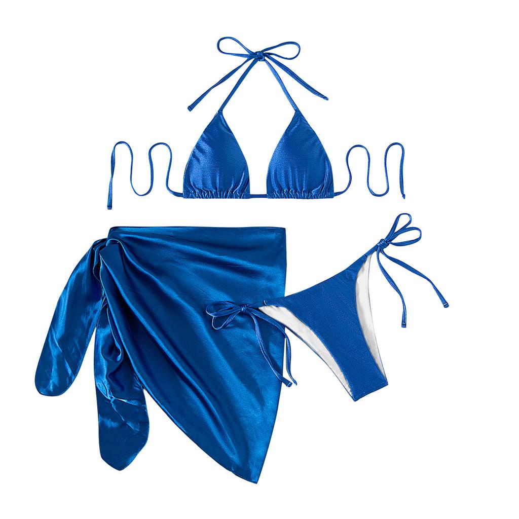 Women Two Piece Bikini Set with Adjustable Tie Straps Triangle Top and High Cut Bottom with Wrap Sarong Beachwear Swimwear Three Piece Set