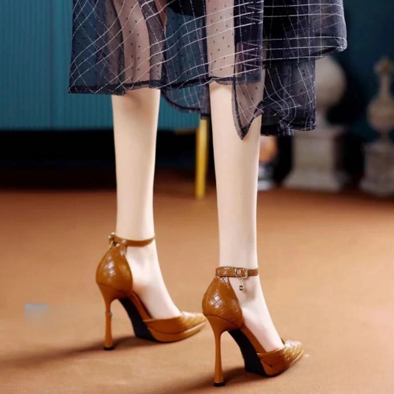 Baotou Sandals Lady 2025 Summer New Temperament Women Shoes One Line Buckle Crystal 11cm Heel Fashion Pointed High Heels Shoes