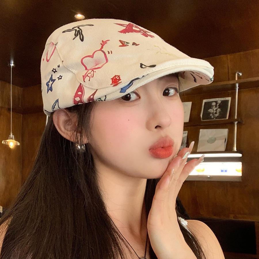 Japanese sweet style~Vintage artistic forward cap for women, summer sun-shading beret, unique retro childlike cute duckbill cap